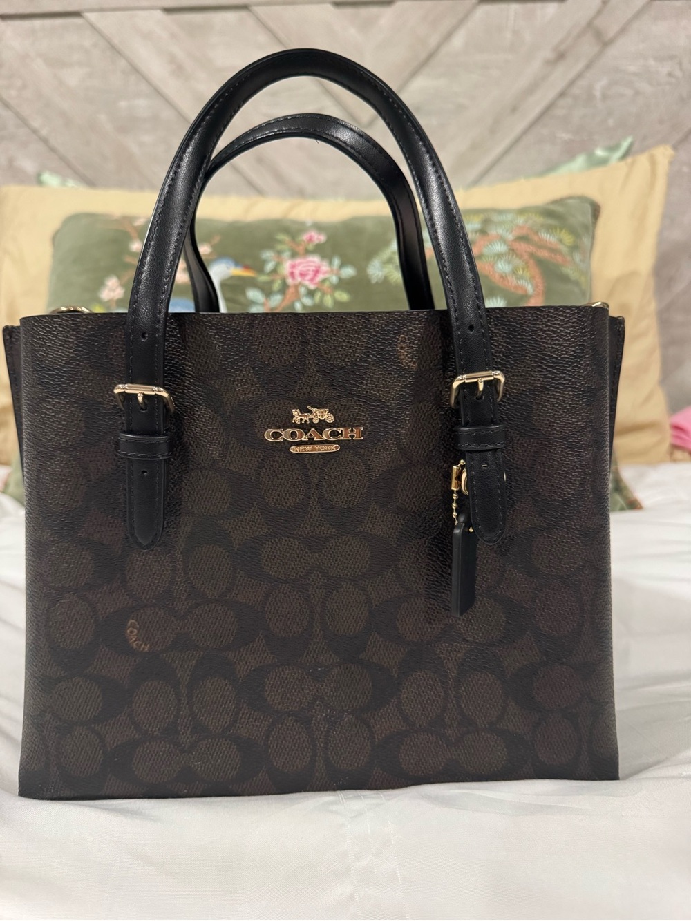 COACH Mollie Tote Bag 25 - Signature Small Tote in Brown with Black Trim - Picture 2 of 16